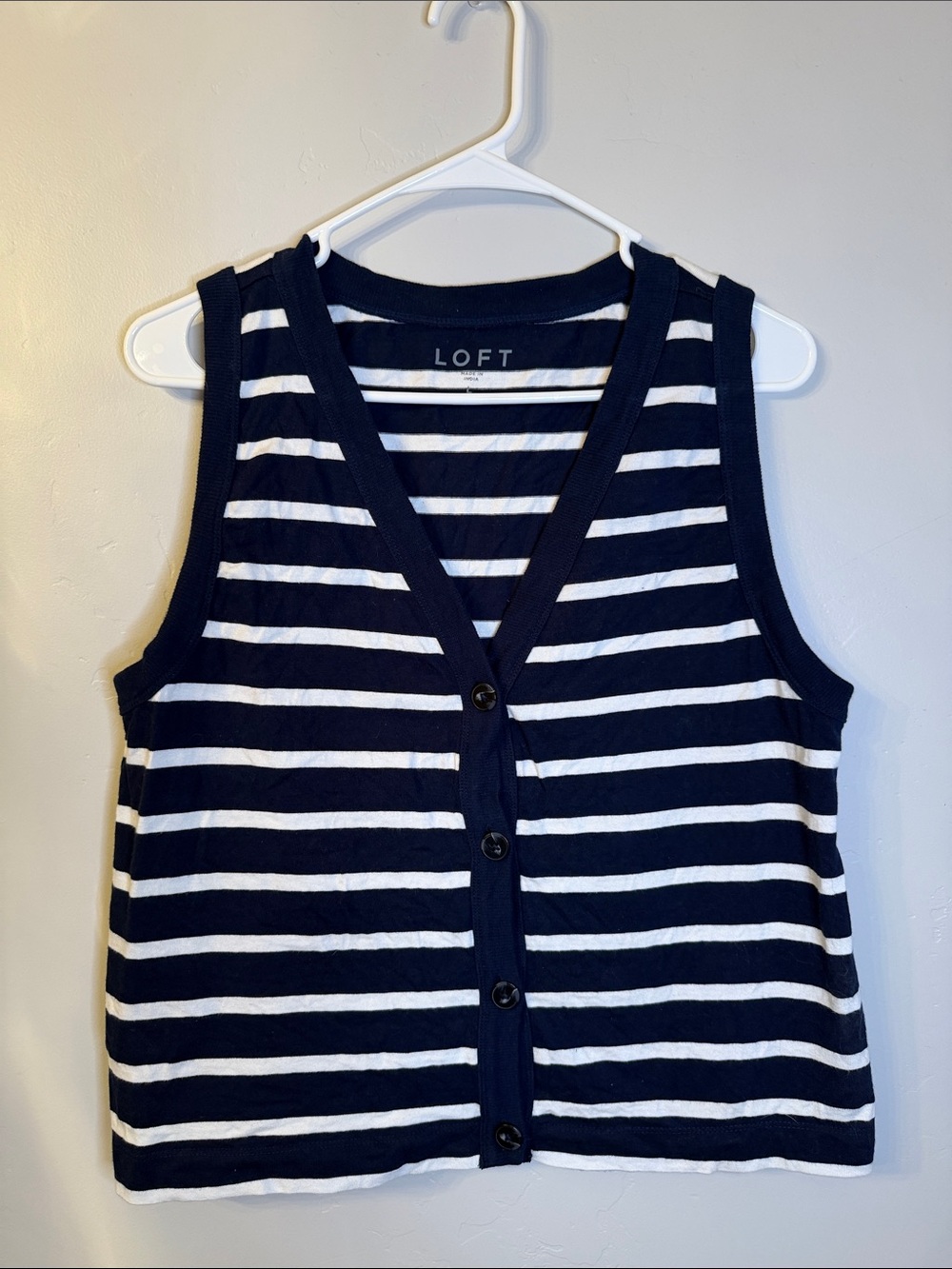 LOFT Navy & White Striped Button-Front Knit Vest